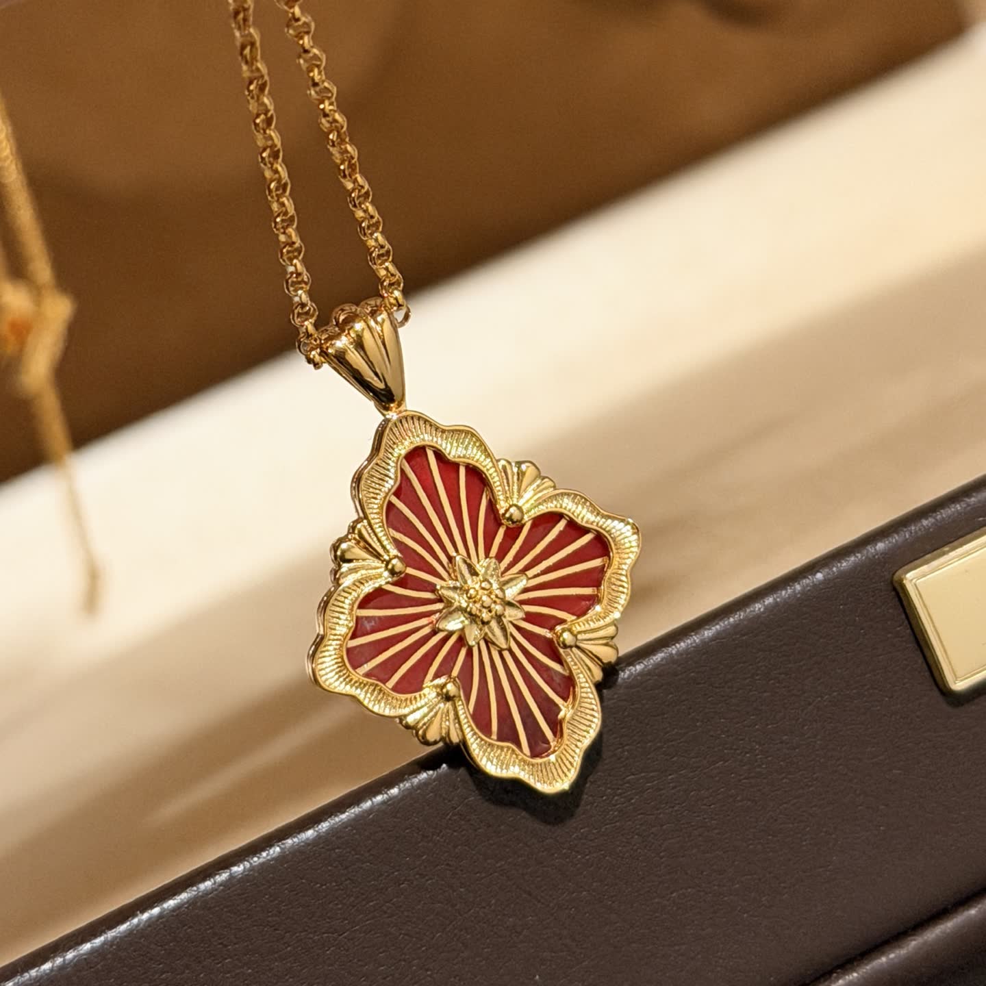 Van Cleef & Arpels Elegant Gold and Red Enamel Flower Pendant Necklace